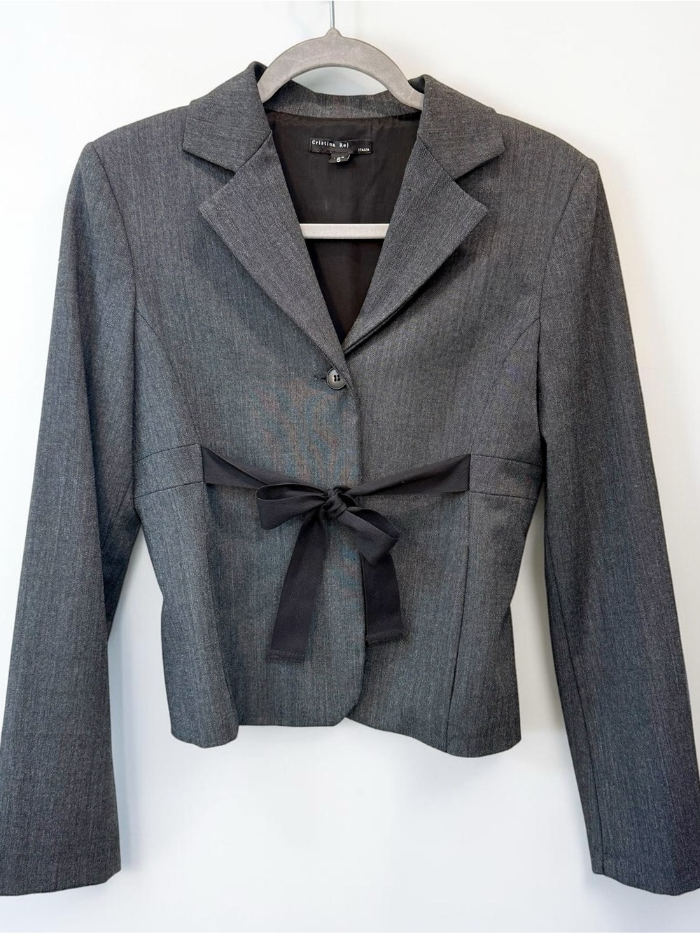 Designer Cristina Rej Italia - Charcoal Gray Tailored Ribbon-Waist Blazer